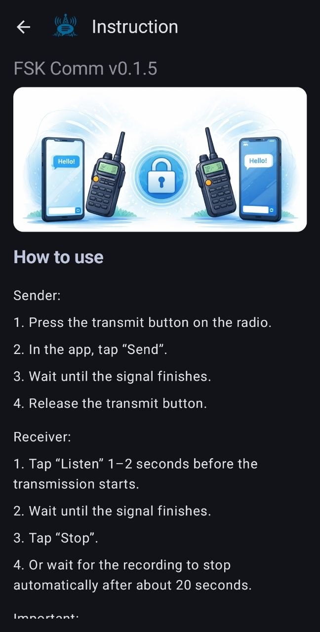 FSK Comm instruction screen with steps for transmitting and receiving messages