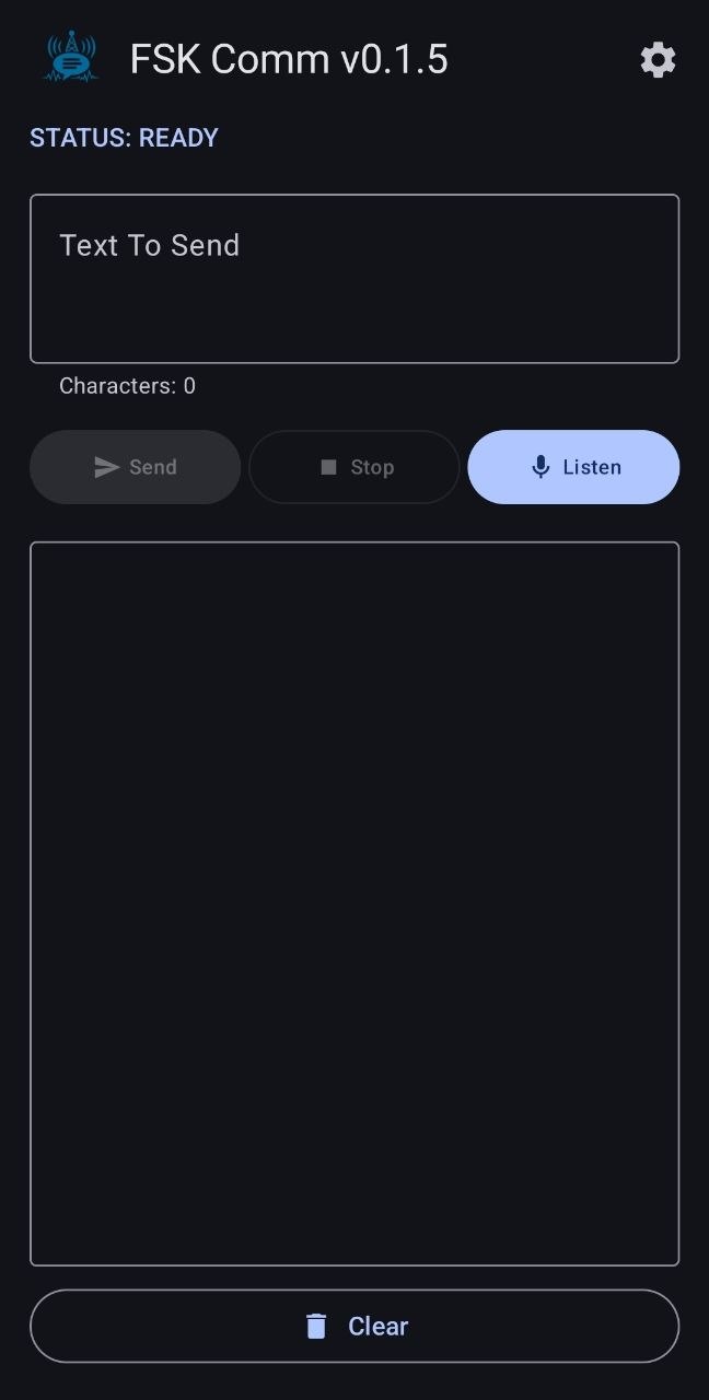 FSK Comm Android main screen for entering text and transmitting encrypted audio messages