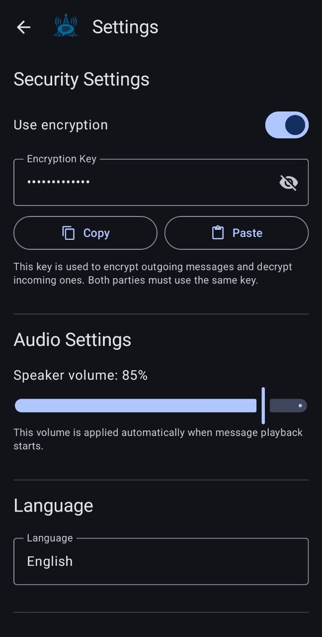 FSK Comm settings screen for audio behavior and security options